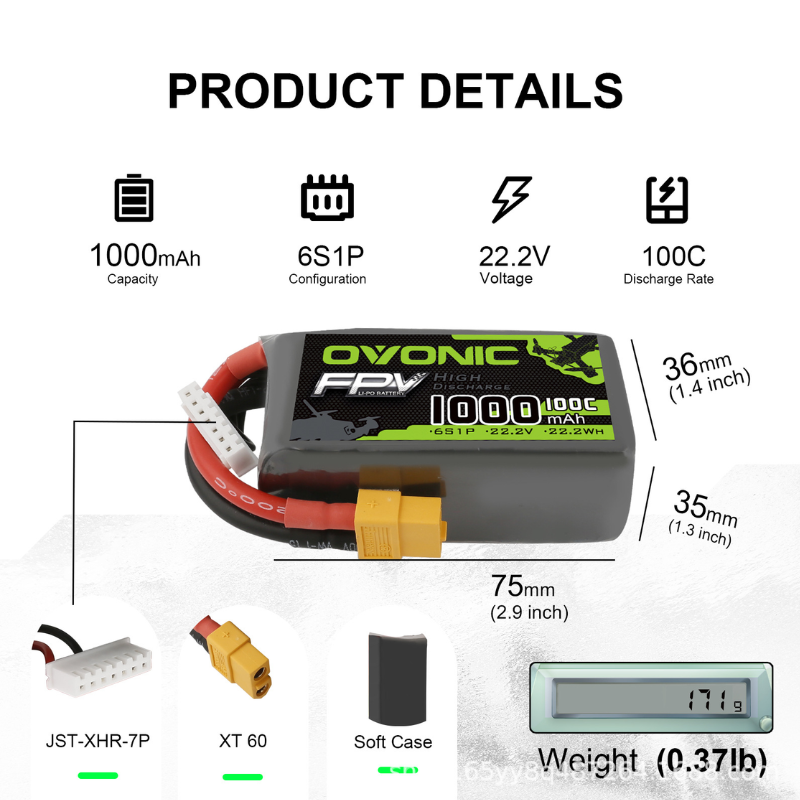 2Pcs OVONIC 1000mAh 100C 22.2V - Drone Battery 6S ulasan dan harga